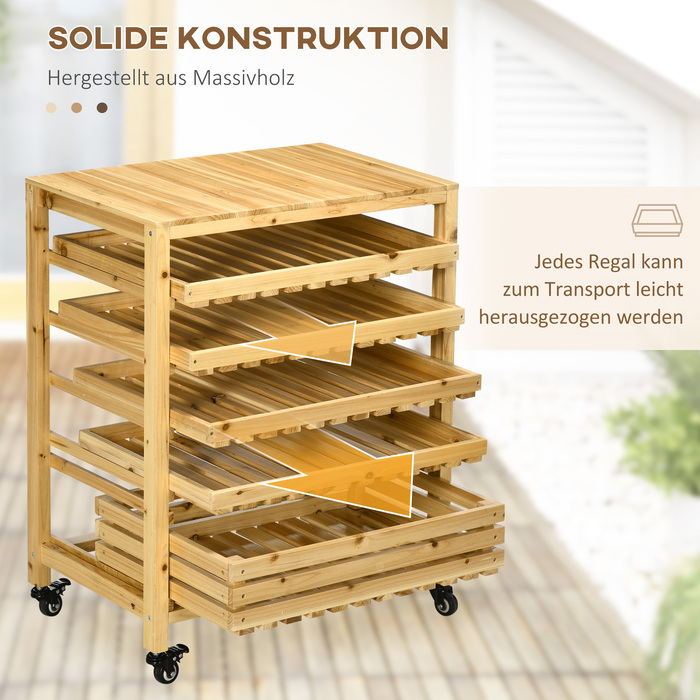 Outsunny Fruit and Vegetable Stand with Wheels, 5-Tier Vegetable Rack, Fruit Basket Stand for Vegetables up to 20 kg, Fir Wood, Natural