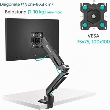 Кронштейн для монітора ONKRON G90-B, 13-34 дюйми, до 10 кг, VESA 100x100, настільний