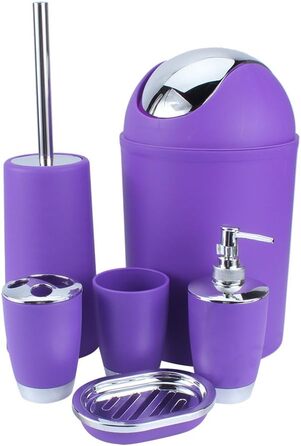 Bathroom and Toilet Set, 6-Piece Bathroom Accessory Set, with Cup, Toothbrush Holder, Soup Holder, Hand Sanitizer Bottle, Trash Can, Toilet Brush (Purple)
