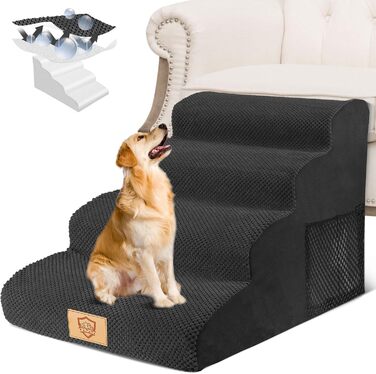 Dog stairs for small dogs, 4 steps pet stairs made of foam with a waterproof cover, detachable dog ramp cat stairs for sofa bed, send 1 lint roller (4-step black dog stairs)