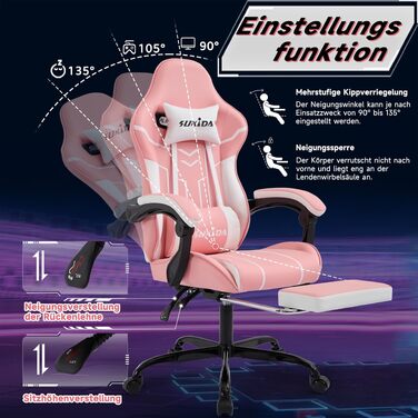 Ігрове крісло SUKIDA Ergonomic Gaming Chair з підножкою та підтримкою попереку, комп'ютерне офісне крісло (Рожево-біле)