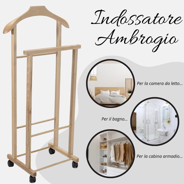 Tomaino - Valet's Bedroom in Wood - Clothes Rack with Wheels Ambrogio - Modern Valet for Clothing and Accessories (Natural)