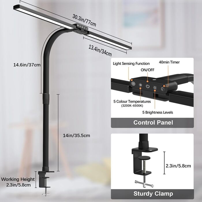 Лампа для столу Hapfish LED з кріпленням, 24W, подвійний настільний світильник, широке та яскраве освітлення, 5 режимів кольору та 5 рівнів регулювання яскравості, лампа денного світла для офісу, дому, дітей, з шийкою-лебедем