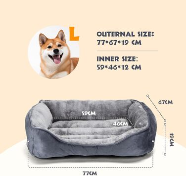 Dog Bed for Dogs 67x57cm, Non-Slip Dog Basket, Super Soft Fiber Filling, Washable Pet Bed for Small and Medium Dogs and Cats (L 77 x W 67 x H 18 cm, Grey)