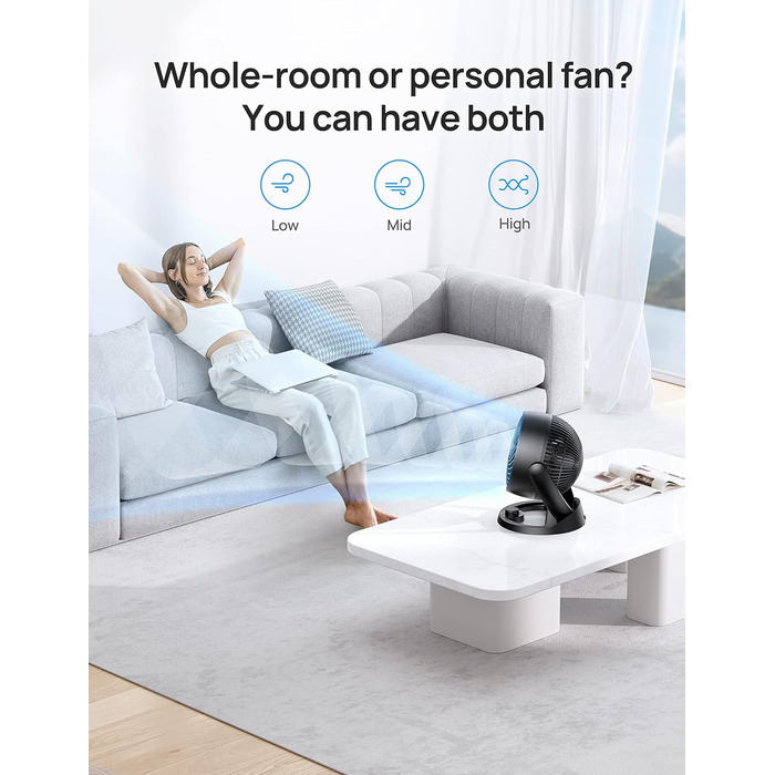 Настільний вентилятор Dreo 28dB: тиха охолода, 30 см, 3 швидкості, 21 м³/хв, кут нахилу 120°, турбо-циркуляція, чорний