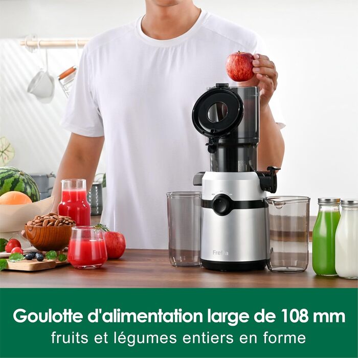 Fretta Slow Juicer with 108mm Opening & 1L Capacity, Juicer for Vegetables and Fruit - Test Winner, 200W Electric Juice Press with Cold Press, Easy Cleaning and Quiet Motor, BPA-free (Silver, 1L) 1L Silver