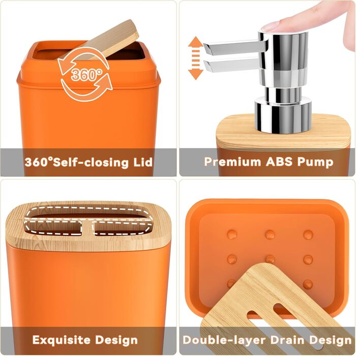 Набір аксесуарів для ванної кімнати, 9 предметів: сміттєвий бак, тримач для зубних щіток, стакан для зубних щіток, диспенсер для мила/лосьйону, тумбочка для раковини, мильниця, щітка для унітазу, контейнер для ватних паличок, Оранжевий набір для ванної кі