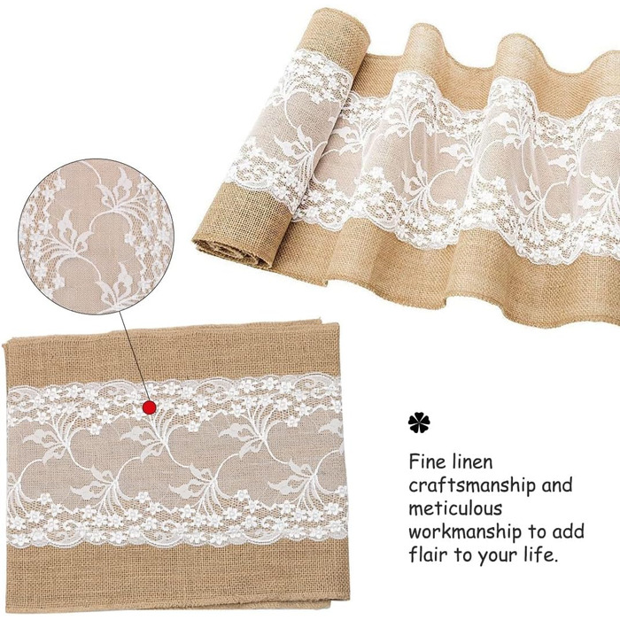 Jute Table Runner with Lace White 30CMx10M Jute Ribbon Rustic Burlap Lace Wedding for Festival Event Table Decoration Christmas Decoration Birthday (Jute and Lace)