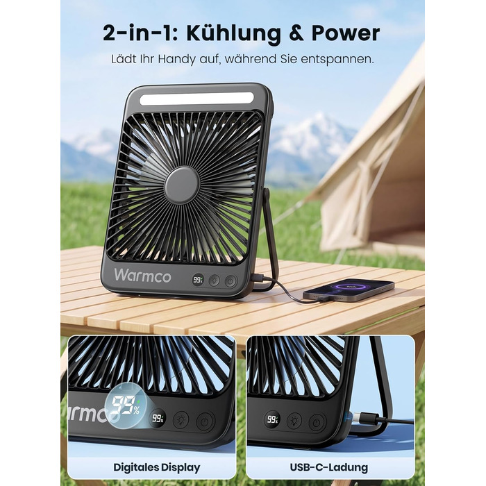 Вентилятор для кемпінгу Warmco 20000mAh з лампою та дисплеєм, 15-48 годин роботи, тихий, ультратонкий, з гачком, USB, чорний