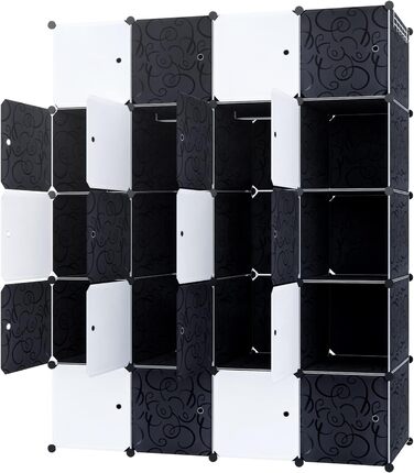 UISEBRT DIY Plastic Wardrobe System - Stackable Shelving Unit, Closet Organizer, Coat Rack, Shoe Rack, Plastic Boxes, Black with Pattern (20 Boxes with Door)