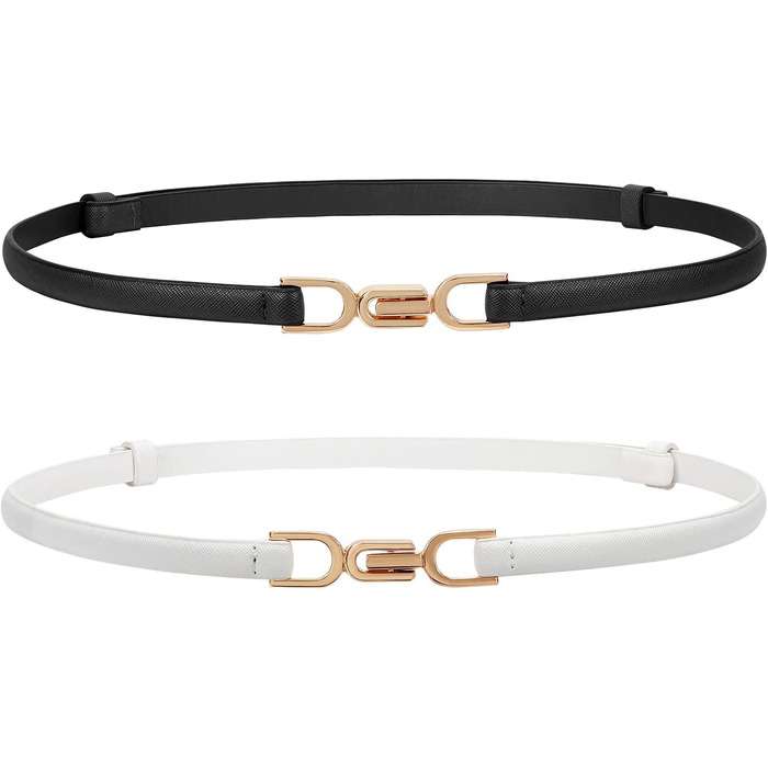Жіночий тонкий шкіряний ремінь WHIPPY (2 шт.) з золотою пряжкою, 105/120 см, для талії до 95/110 см (чорний+білий)