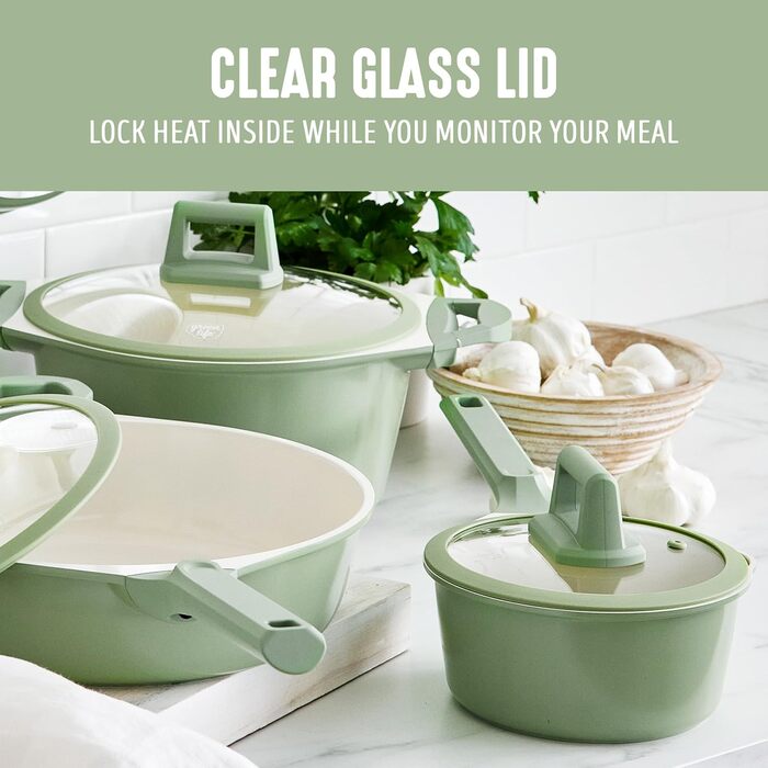 Набір посуду GreenLife 8 предметів з керамічного покриття, індукційний, нетоксичний, без PFAS, каструлі та сковороди, придатний для миття в посудомийній машині, середній, салатовий зелений