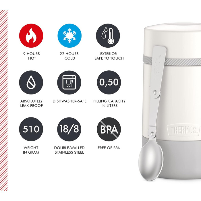 Thermos GUARDIAN FOOD JAR 0.50 l, snow white, Food container 500 ml white, stainless steel, with spoon, Bonus Bowl for muesli, toppings, absolutely leak-proof, leak-proof 500 ml with spoon Snow White Mat