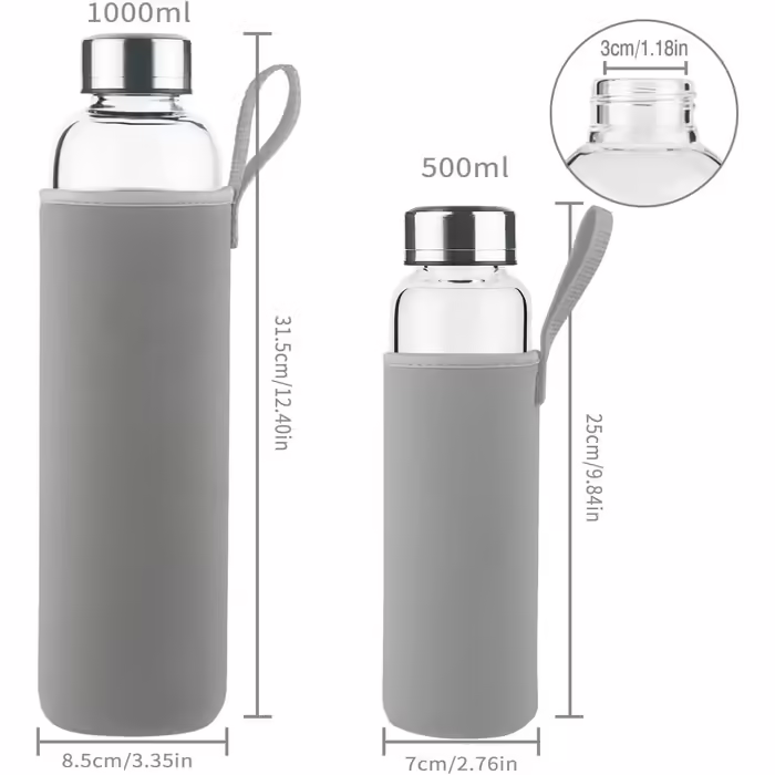 Glass Drinking Bottle, Sport Borosilicate Glass Water Bottle with Neoprene Sleeve with Leak-Proof Stainless Steel Lid 500 ml / 1000 ml / 1 Liter