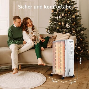 Електричний масляний радіатор Aigostar Pangpang 2300W, 11 секцій, з термостатом та 3 рівнями нагріву, мобільний обігрівач
