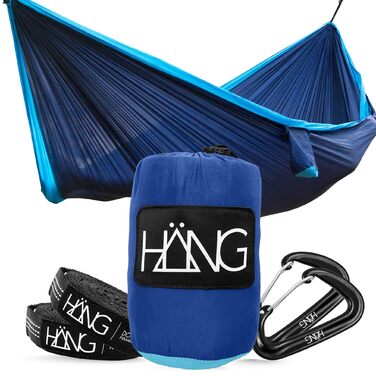 Гамак HÄNG XXL 300x170 см для 2 осіб - вуличний, водостійкий, ультралегкий (850г), навантаження 200 кг. З парашутної тканини для кемпінгу, подорожей та саду + комплект кріплень (Navy & Blue)