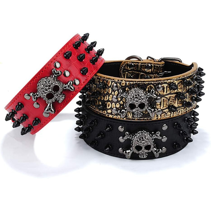 Нашийник для собак ETOPARS з черепом та шипами, з регулюванням, з крокодилової шкіри, золотий (M)