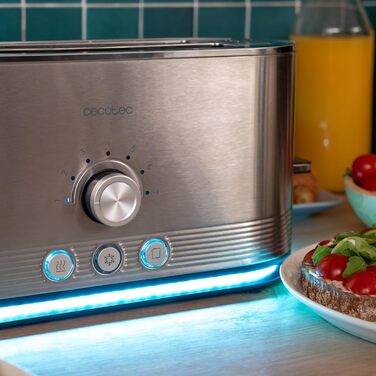 Cecotec Shine&Toast Extra Double stainless steel vertical toaster. 1400W, capacity for 4 slices, 3.8 cm wide slots, illuminated ring, 7 browning levels, upper bread rack.