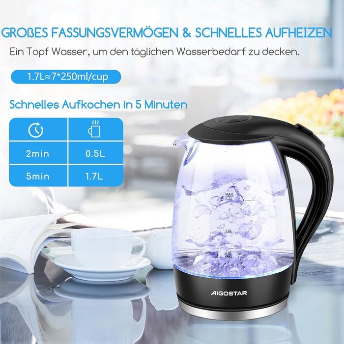 Електричний чайник Aigostar Adam 2 шт., 1.7 л, 2200 Вт, зі скляною колбою, LED-підсвічуванням, без BPA, з фільтром від накипу, чорний