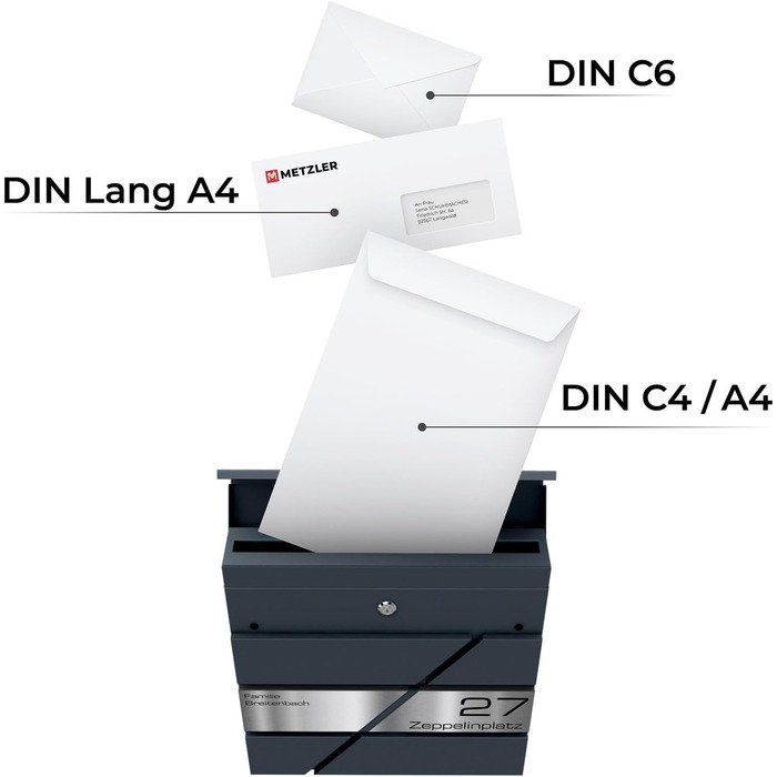 Поштова скринька Metzler персоналізована з гравіюванням, нержавіюча сталь, відділення для газет, замок, вологостійка, антрацит RAL 7016, настінний монтаж 37x37x10.5 см
