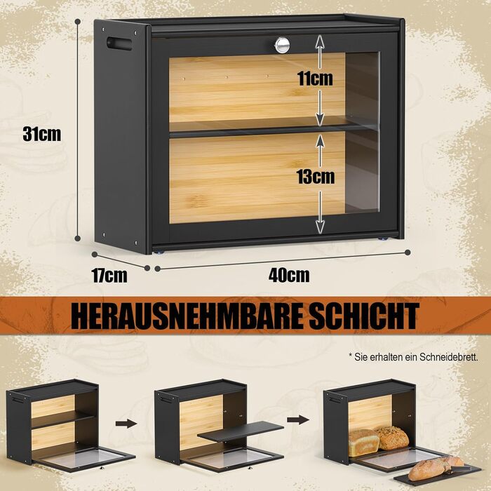 Бротокса Bambus: Бротокса для зберігання хліба з вентиляцією, 2 полиці та велике оглядове вікно, дерев'яний контейнер для хліба, безпечний для харчових продуктів, легкий у догляді, чорний (HX-10336)