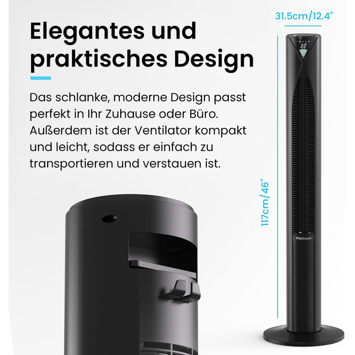 Турбовентилятор Pro Breeze з пультом керування, 70° осциляція, 3 режими, таймер 14 годин, 45W, 117см, 4 режими, режим сну - чорний