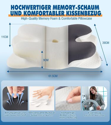 Подушка для шиї IDEA: ортопедична, з memory foam, для дорослих, 62x40x9/11 см, підтримка шиї, комфортна для подорожей