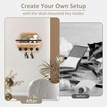 Настінна вішалка для ключів Nekon з полицею та 8 гачками, 24.8 см, дерев'яний декор для дому