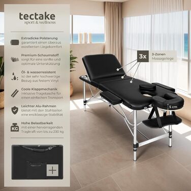 Масажний стіл Tectake 3 зони, складаний, з регулюванням висоти, з аксесуарами (підголовник, підлокітники, сумка) - чорний