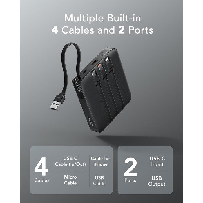 Power Bank VRURC з кабелем: швидка зарядка USB-C, павербанк