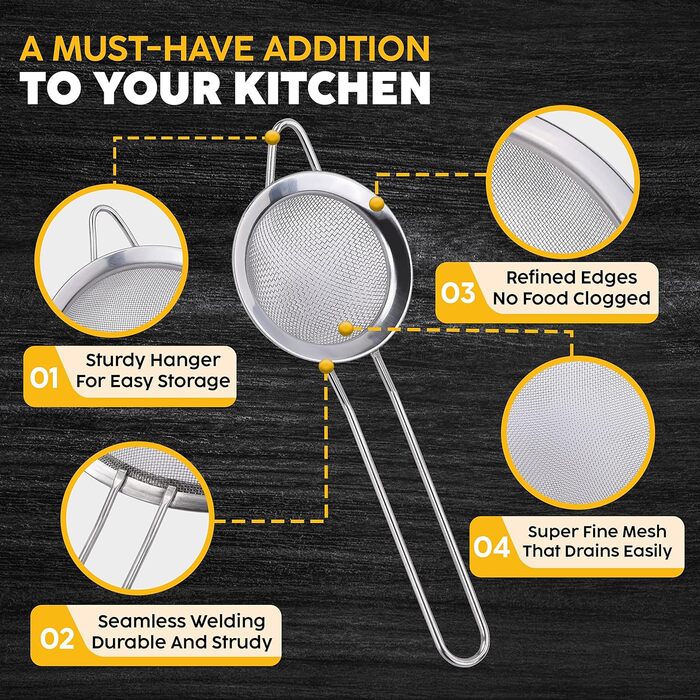 Набір сит Jojeys 3 розмірів - металеві сита з нержавіючої сталі, дрібний отвір - кухонне сито з нержавіючої сталі для приготування їжі та випічки, придатне для миття в посудомийній машині (8см)