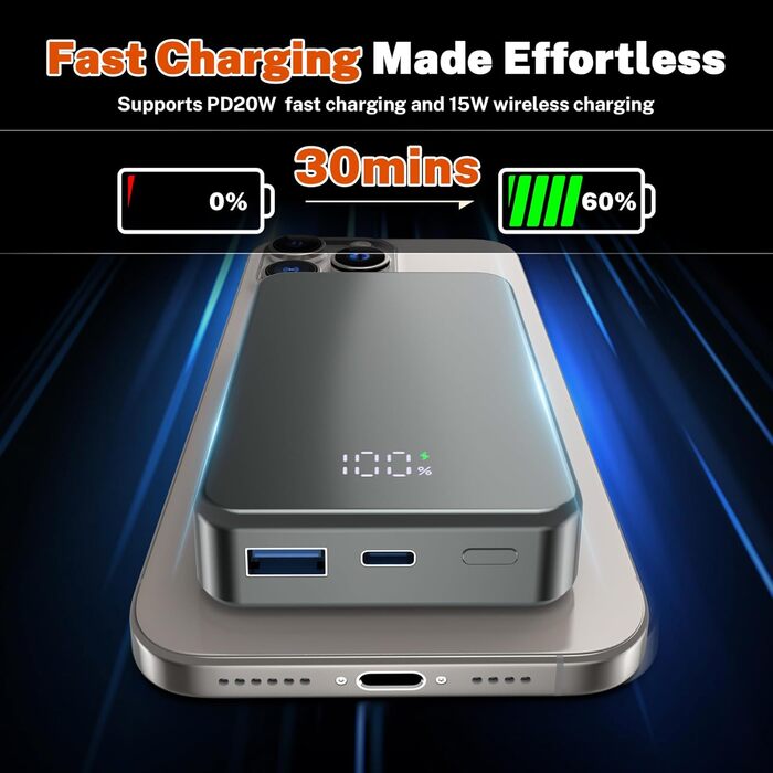Магнітний портативний Power Bank 26800mAh з USB-C, для iPhone та Android (сірий метал)