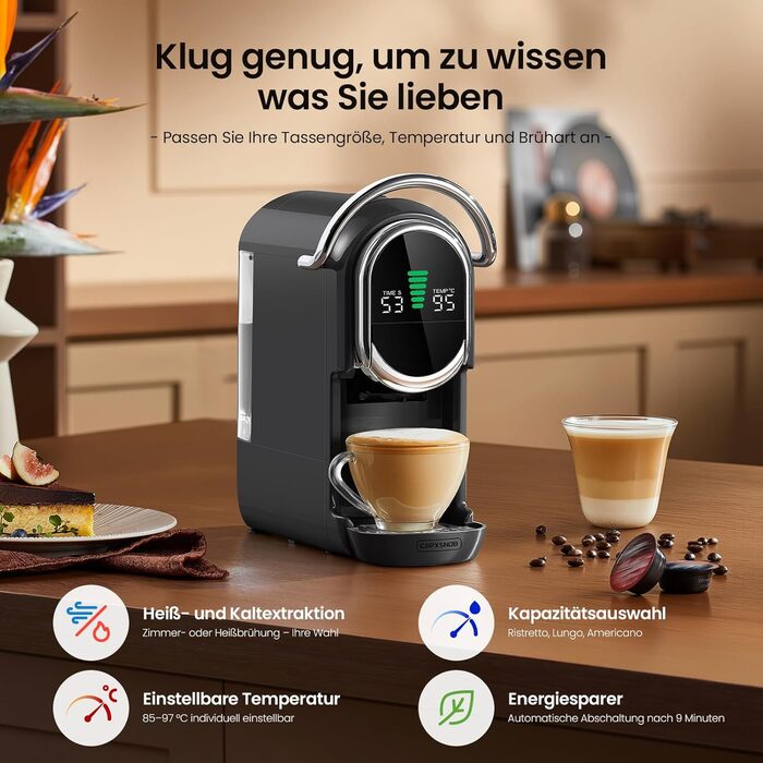 Кавомашина капсульна Magician1 Mini Kapselmaschine 5in1 для Nespresso, Dolce Gusto, Lavazza A Modo Mio, ESE 44, кавової гущі | 20 бар, 1450 Вт, LED-дисплей, 7 рівнів води | для дому та офісу (Сірий)