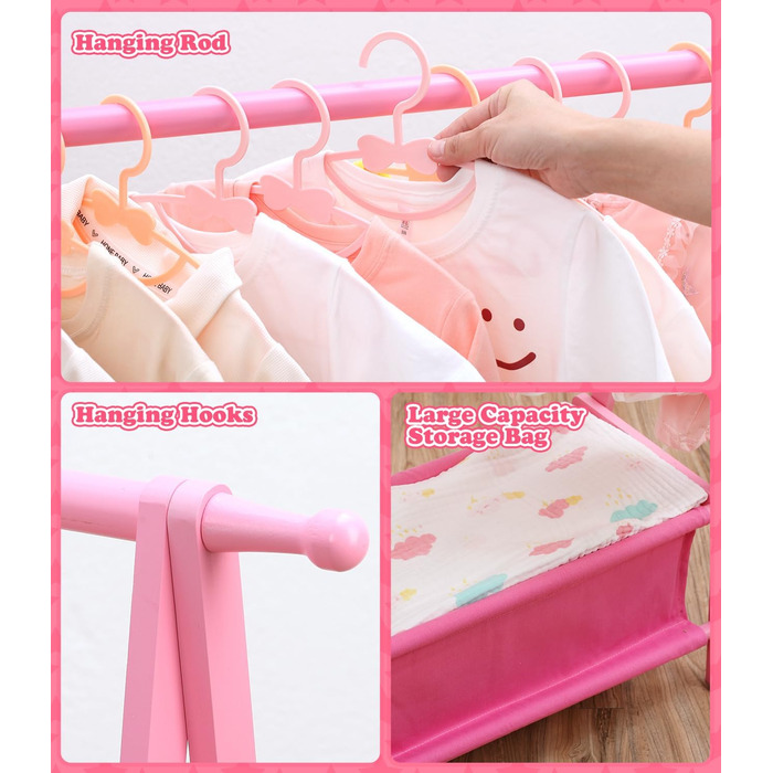 Relquorax Bamboo Children's Clothes Rack with Storage Bag and Clothes Rail, Dress-up Stand, Small Wardrobe Rack, for Costumes in Children's Rooms (Pink)