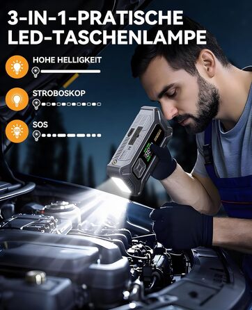 Портативний пусковий пристрій 8000A з повітряним компресором 160 PSI для бензинових та дизельних двигунів (до 10 л), з дисплеєм та аварійною світлодіодною лампою