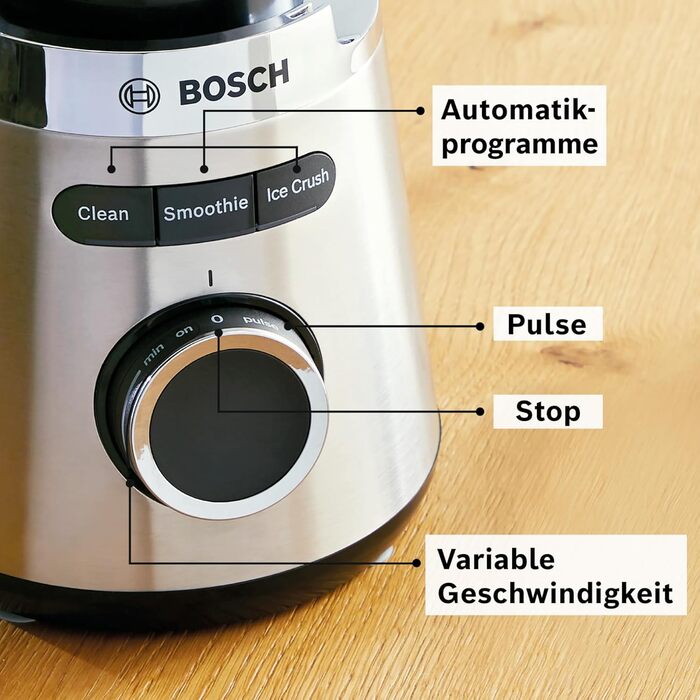 Bosch VitaPower Series 4 Stand Mixer MMB6382MN, improved version, high-quality stainless steel blades, 1.5L Thermo-Safe glass jar, tamper, dishwasher-safe parts, 30,000 RPM, 1200W, stainless steel stand mixer with improved mixing jug