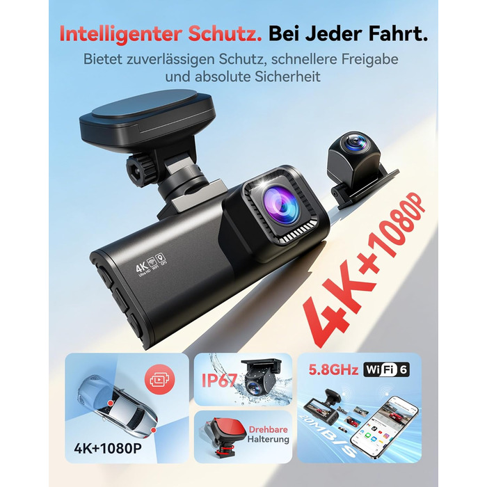 Автомобільний відеореєстратор REDTIGER F7N 4K з WiFi та GPS, передня камера 4K/2.5K, задня 1080P, кут 170°, моніторинг паркування, карта пам'яті 64ГБ у комплекті