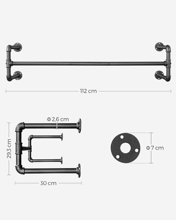 SONGMICS Wall Clothes Rack, Industrial Design Clothes Rail, 2-Piece Set, Wall Mounting, Load Capacity up to 60 kg, 30 x 112 x 29.3 cm, Easy Assembly, Black HSR64BK-02