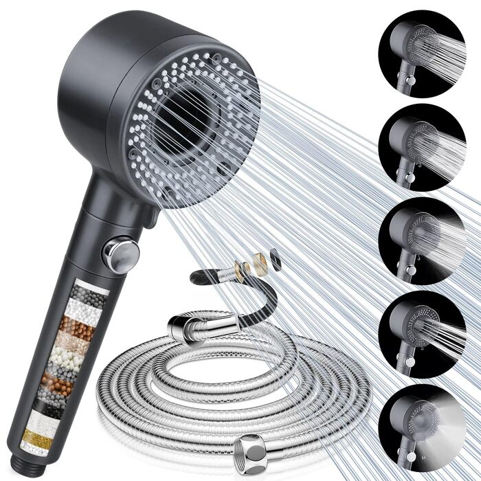 Насадка для душу з шлангом 2 м, фільтрована ручна лійка, високий тиск, економія води з мінеральними кульками, 5 режимів, стоп-функція для жорсткої води, залишків хлору, бактерій та важких металів, сірого кольору з шлангом