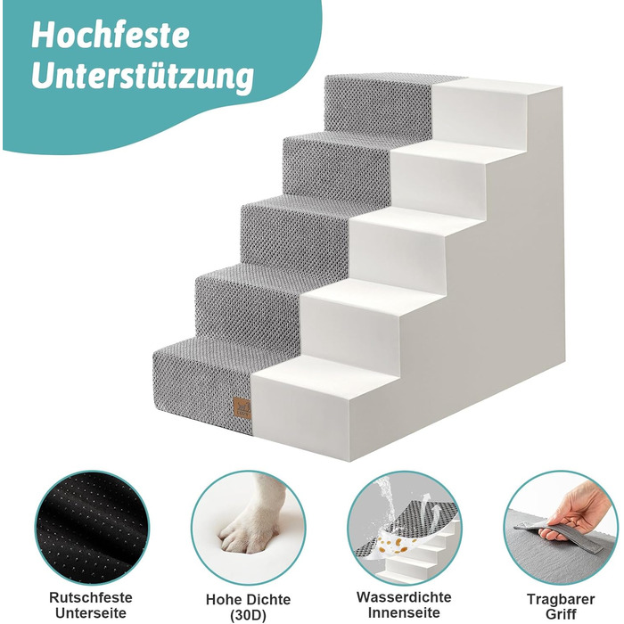 COZY KISS Dog Stairs for Small Dogs, 5 Steps Wide Pet Stairs for Bed Couch Car, 60cm High High-Density Foam Cat Stairs with Removable Cover (Gray, 75x50x60cm, 5)