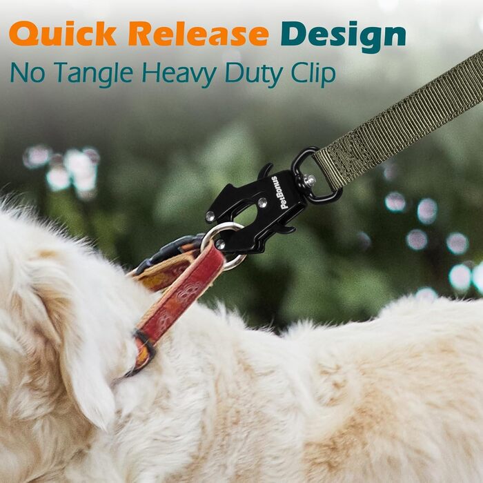 Тактична повідок для собак PetBonus Heavy Duty, 1,5м, еластична, з 2 зручними ручками, фіксатор для авто, No Pull для дресування великих та середніх собак (армійний зелений)