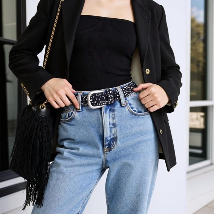 Жіночий шкіряний ремінь 110 см з зірковими заклепками, ширина 3.8 см, для джинсів, суконь, штанів та шортів, регульований, вінтажний, з металевою пряжкою, чорний