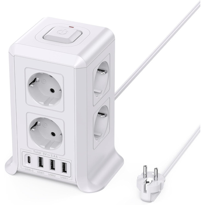 Багаторозкладна мережева панель Sameriver 8-fach з вимикачем, 4 USB, захист від перенапруги, 5 м, біла