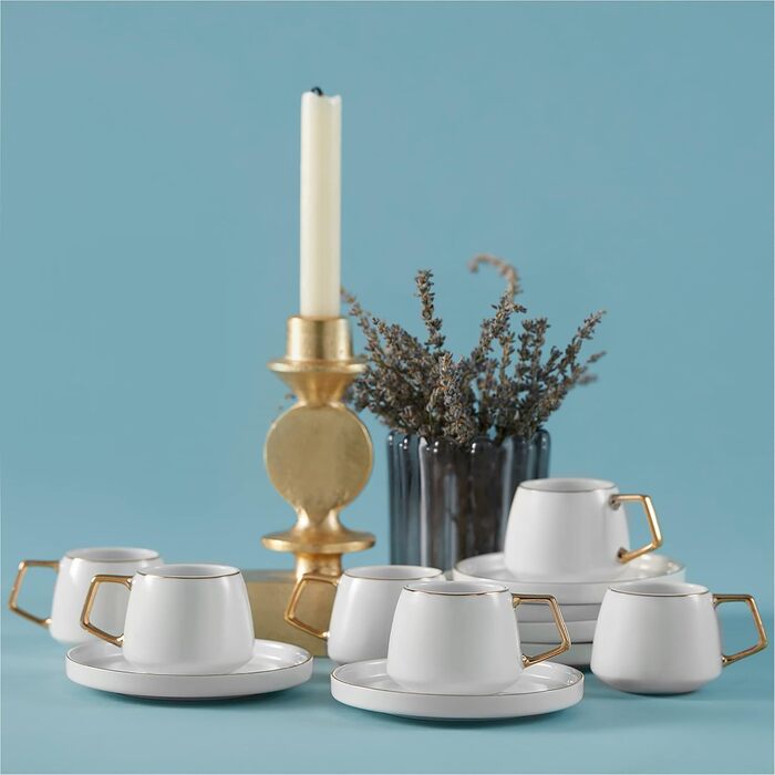 KARACA Saturn Gold Turkish Coffee Cups, Cappuccino Cups Set for 6 People, 12-Piece, White Gold, 6 Espresso Cups and 6 Saucers, Cappuccino Cups, Porcelain, Coffee Set