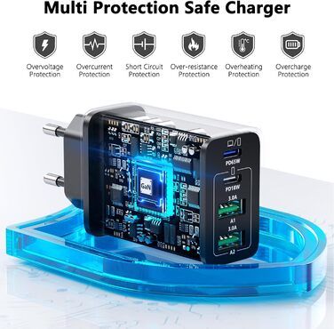 Зарядний пристрій USB-C 65W з кабелем, GaN 4-порти, швидка зарядка для MacBook, iPad, iPhone 15/16 Pro Max, Samsung Galaxy S23/S24 (2м USB-C - USB-C, чорний)