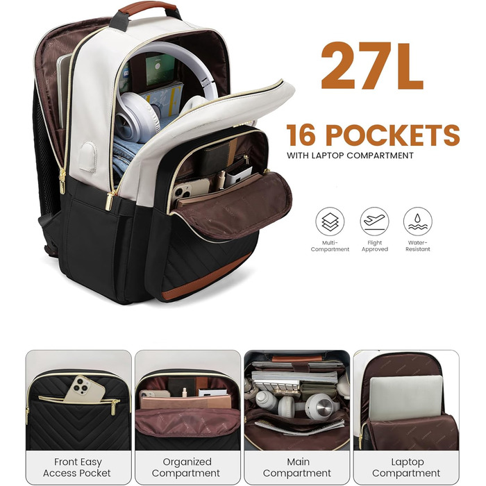 LOVEVOOK Рюкзак для жінок, великий, 15.6 дюймів, сумка для ноутбука, водонепроникний, шкільний рюкзак для дівчаток-підлітків, чорний, елегантний, сумка для роботи, для школи, університету, подорожей, 15.6 дюймів (15.6', Бежево-чорний-коричневий)