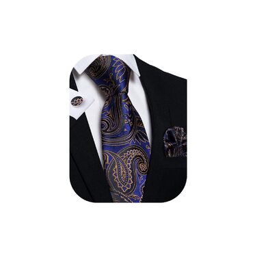 Комплект краватка, хустинка та запонки DiBanGu Paisley (шовк, золотисто-синій) для ділових чоловіків