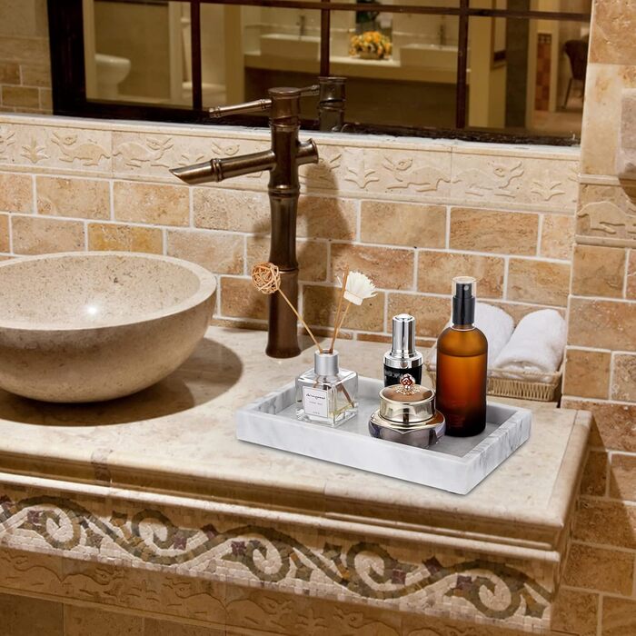 Natural Marble Serving Tray for Coffee Table, Rectangular, Jewelry Tray, Organizer, Decorative Bathroom, Vanity, Toilet Tank, Bathtub Tray, 25x15 cm (gray)
