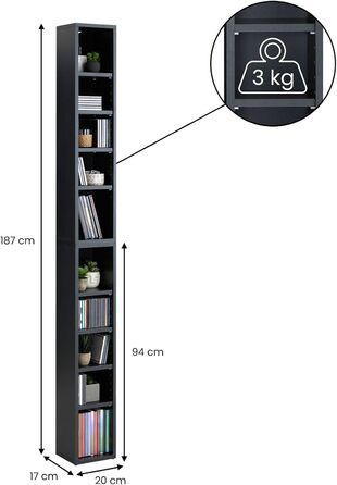 CARO-Furniture CD DVD Blu-ray Shelf Chart in Concrete Look – Two-Piece Media Shelf, Storage, CD Stand with 10 Compartments for up to 160 CDs, 20x187 cm (W x H) Concrete Dark
