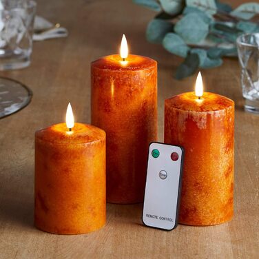 Lights4fun 3-Piece TruGlow® LED Real Wax Candles with Remote Control and Timer, Orange, Battery-Powered, Autumn Decor, Orange Halloween Decor, Modern Autumn Decoration, Candles with Remote Control